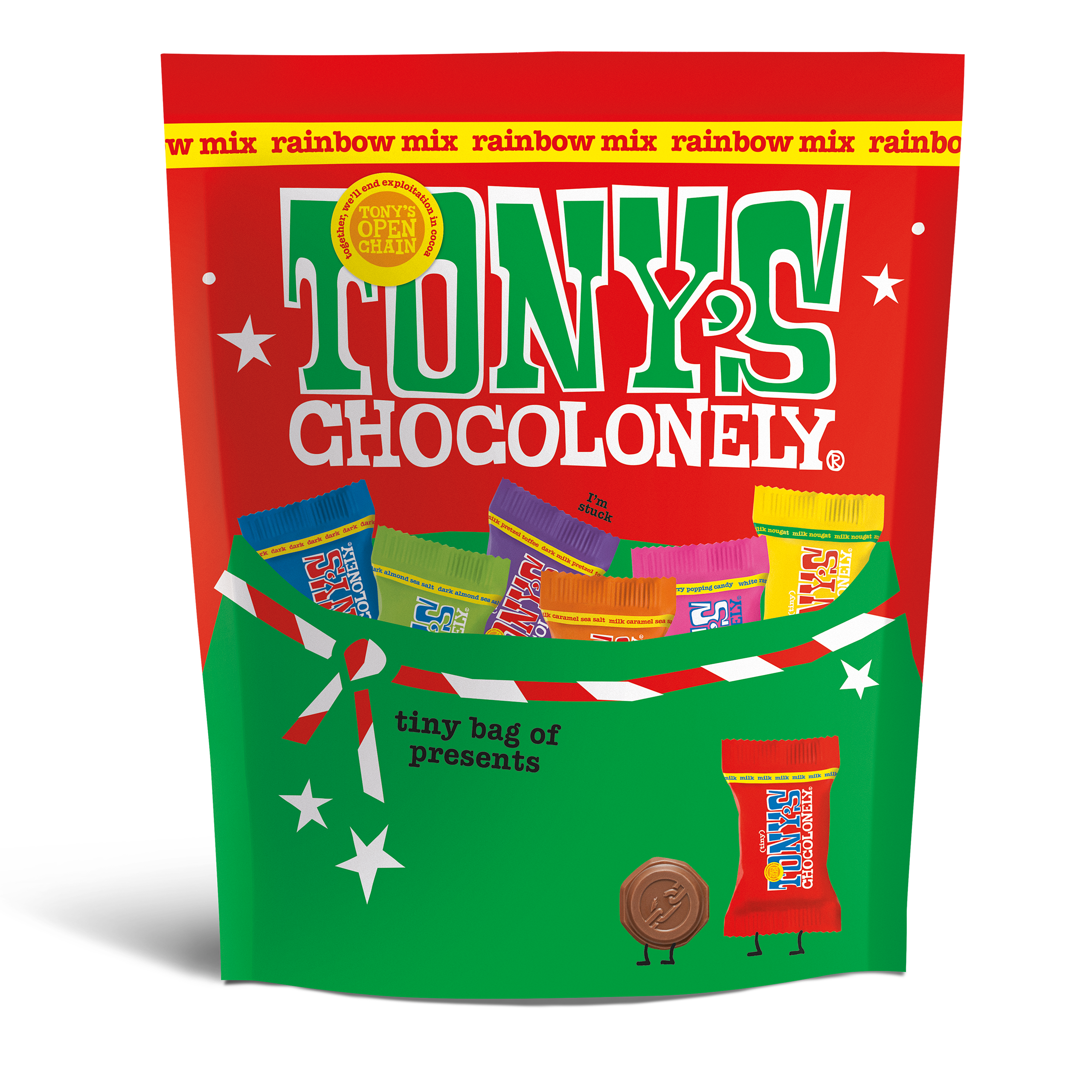 Tony's Chocolonely Tiny Tony's chocolate in mixed flavours with a colorful pouch on a white background