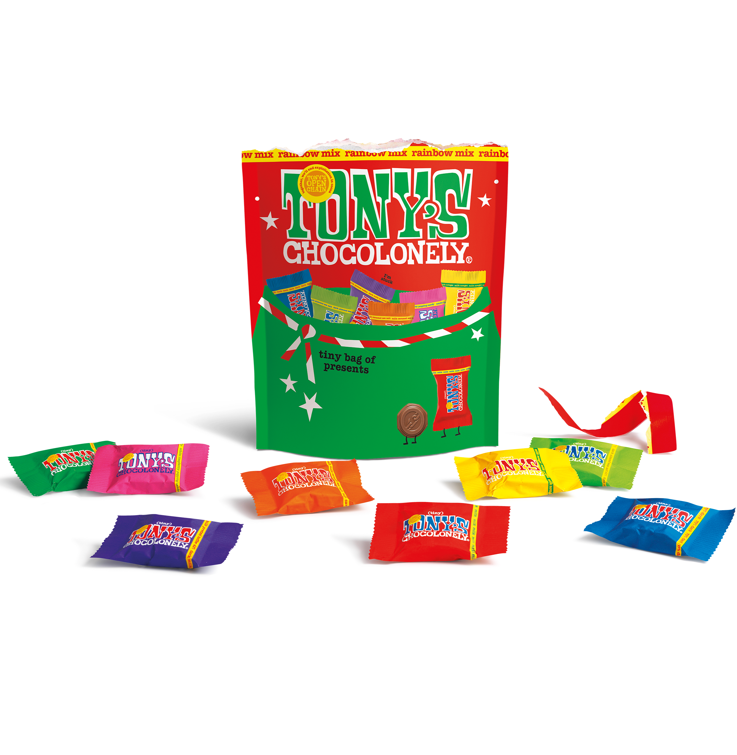 Tony's Chocolonely Tiny chocolate buttons in mixed flavours with a colorful packaging pouch on a white background