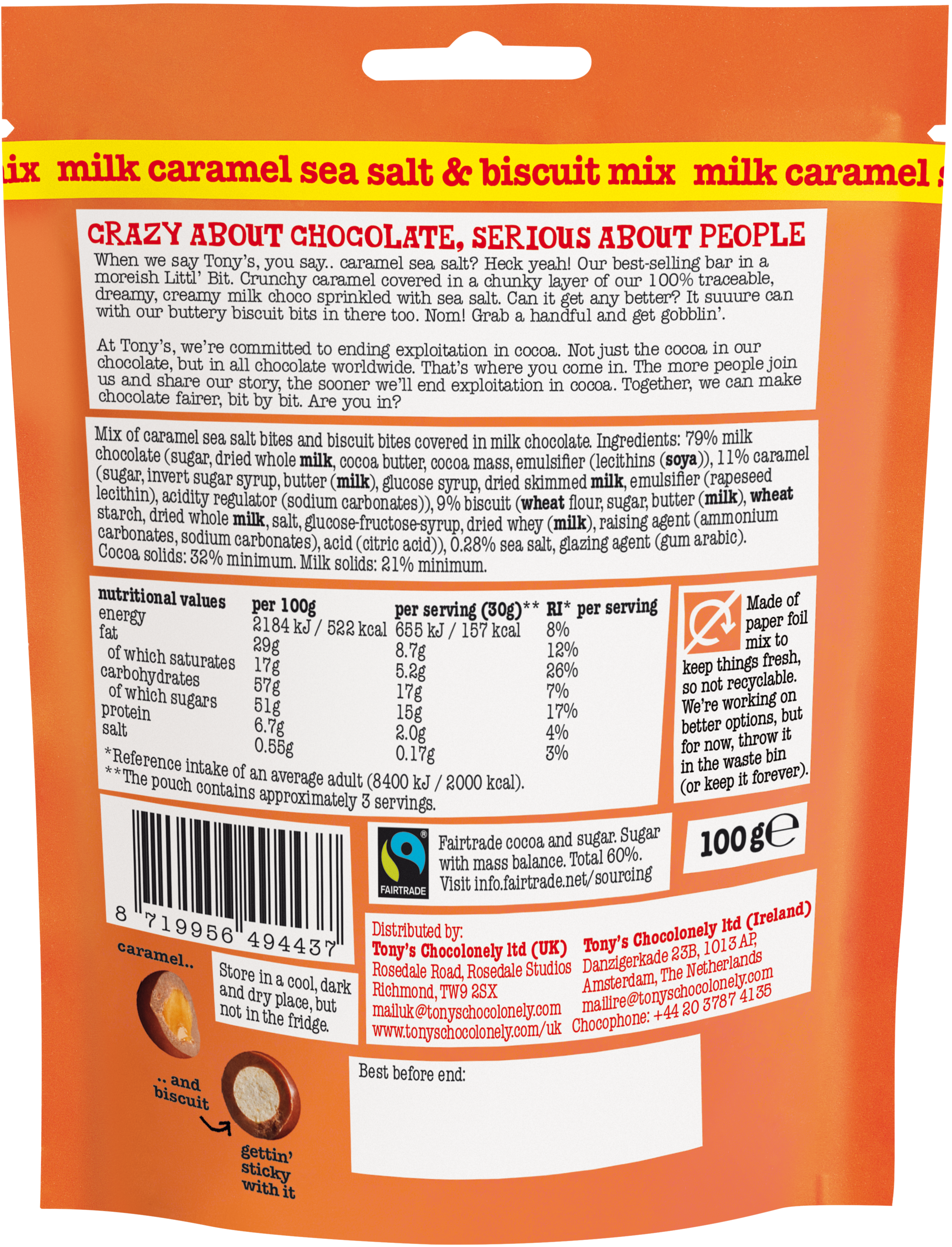 Littl' Bits milk caramel sea salt & biscuit mix back pouch - Tony's Chocolonely United Kingdom