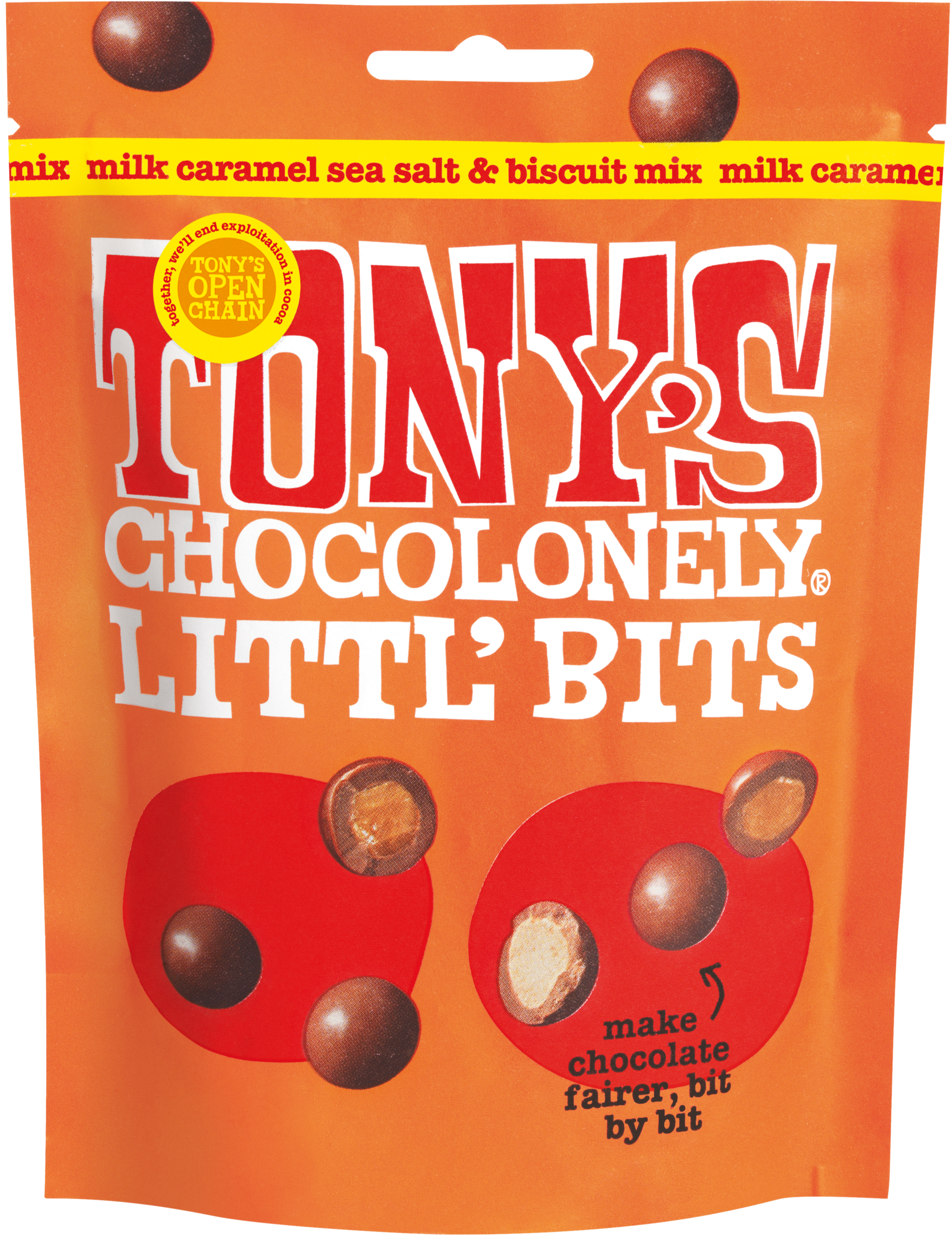 Littl' Bits milk caramel sea salt & biscuit mix front pouch - Tony's Chocolonely United Kingdom