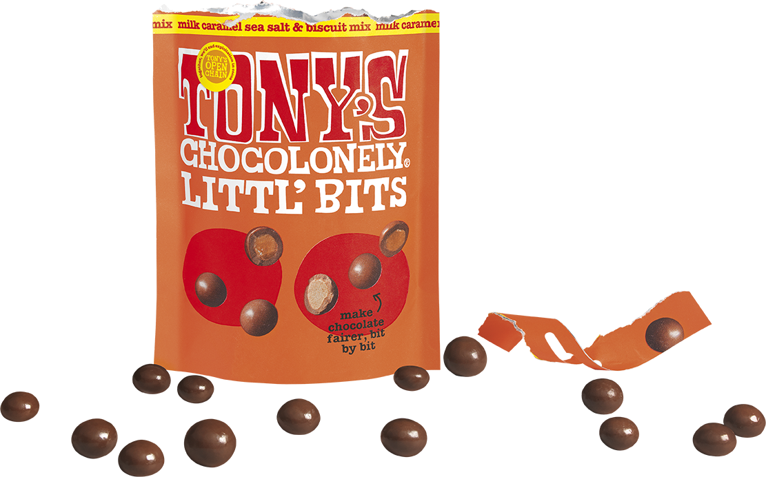 Littl' Bits milk caramel sea salt & biscuit mix open pouch - Tony's Chocolonely United Kingdom