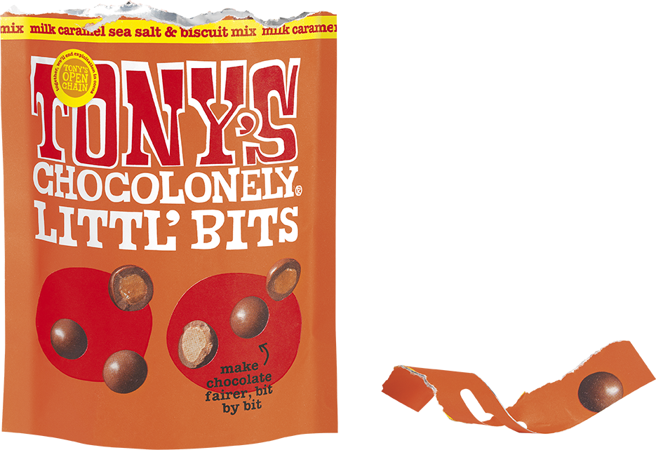 Littl' Bits milk caramel sea salt & biscuit mix open pouch - Tony's Chocolonely United Kingdom