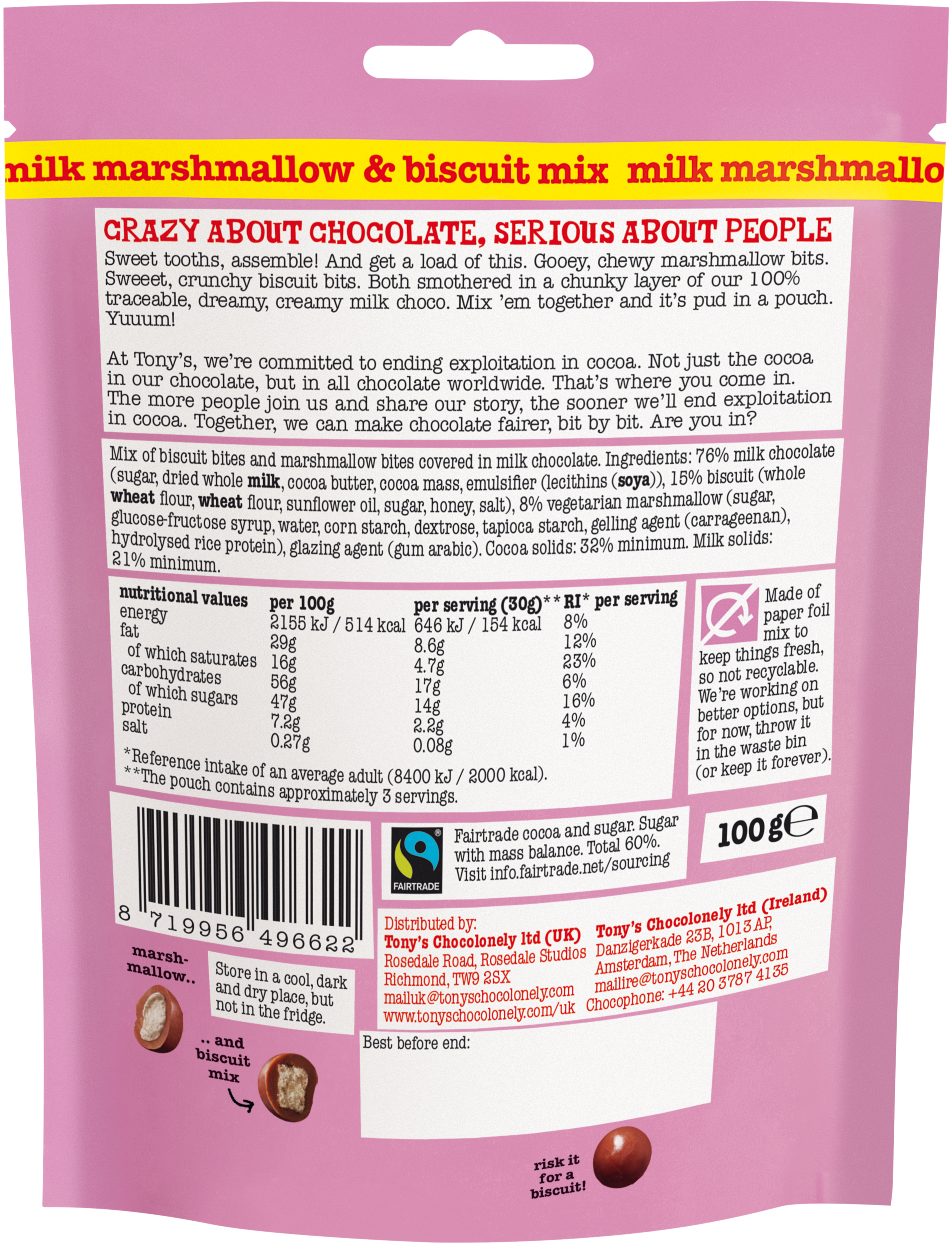 Littl' Bits milk marshmallow & biscuit mix back pouch - Tony's Chocolonely United Kingdom