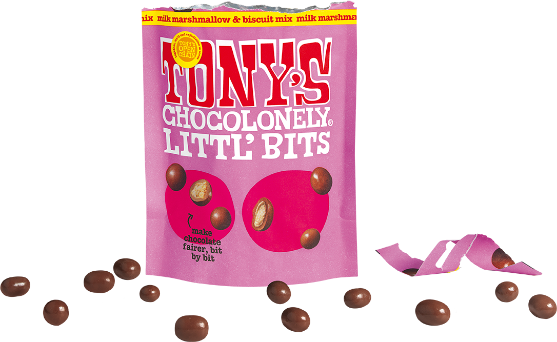Littl' Bits milk marshmallow & biscuit mix open pouch - Tony's Chocolonely United Kingdom