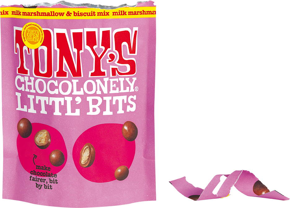 Littl' Bits milk marshmallow & biscuit mix open pouch - Tony's Chocolonely United Kingdom