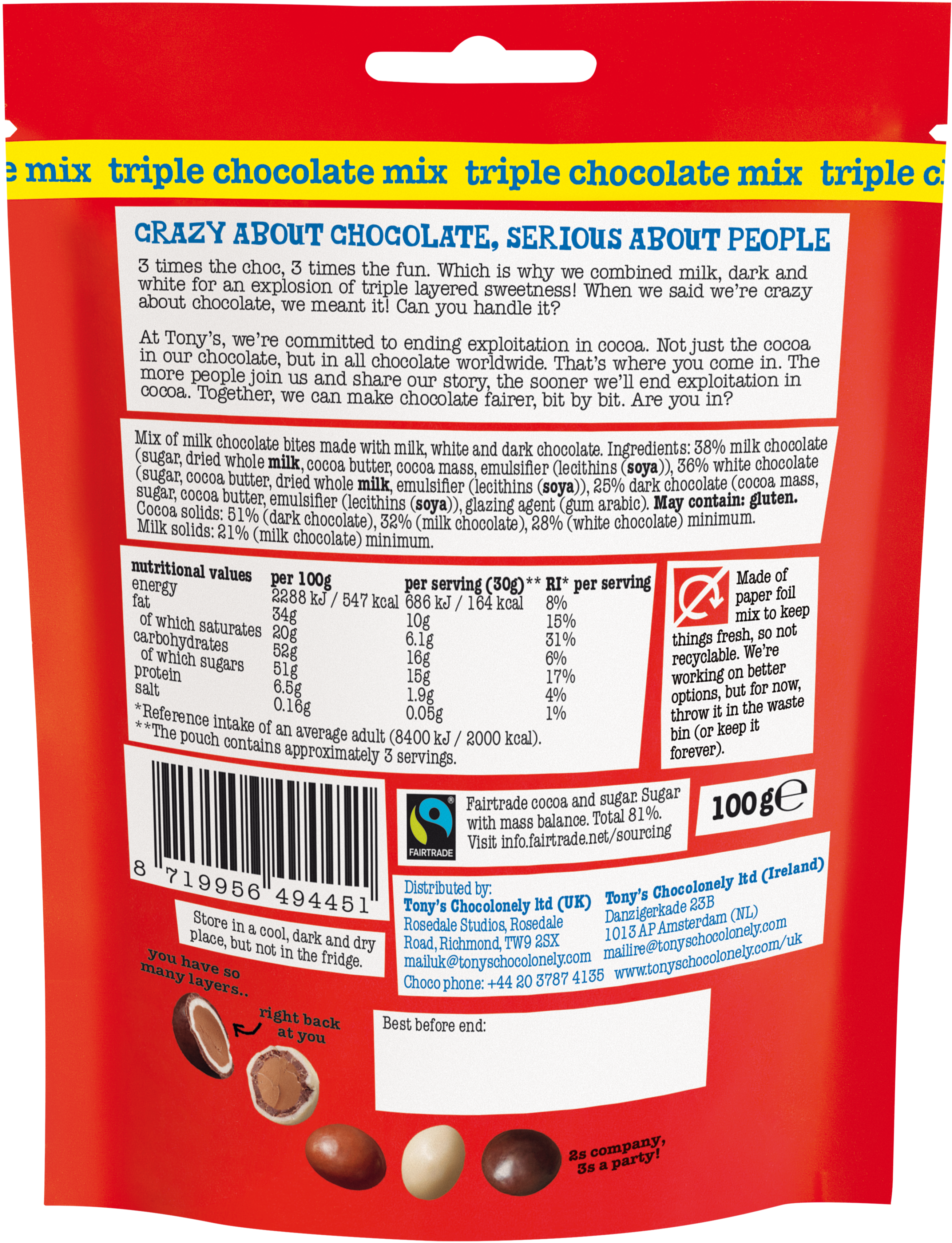 Tony's Chocolonely Littl' Bits triple chocolate mix back pouch