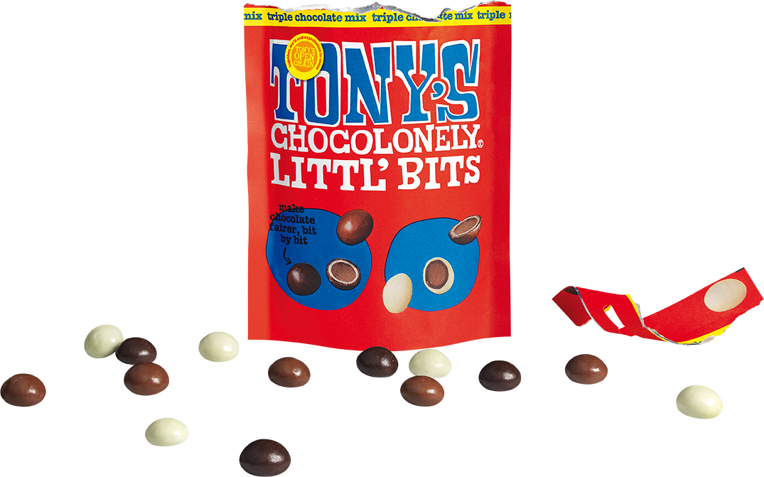 Tony's Chocolonely Littl' Bits triple chocolate mix open pouch