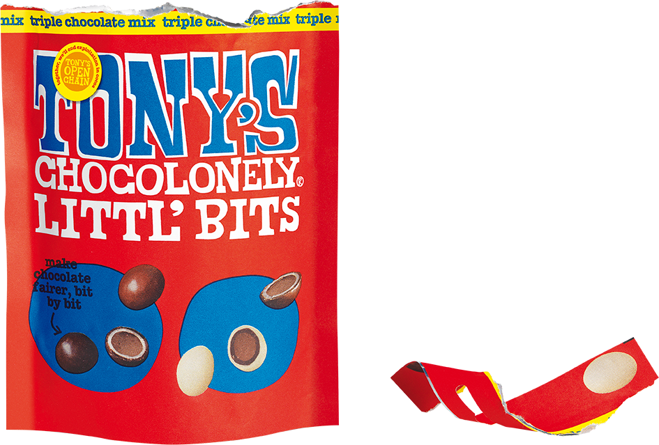 Tony's Chocolonely Littl' Bits triple chocolate mix open pouch