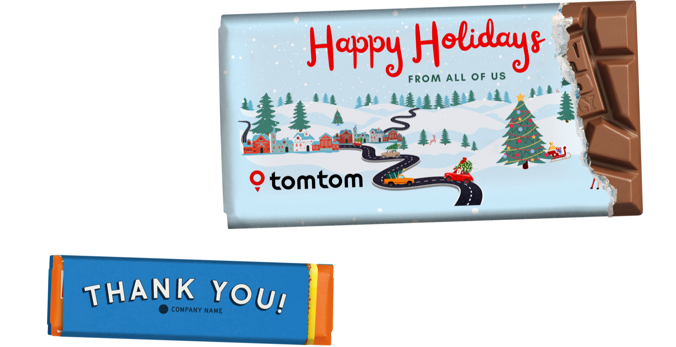 Tony's Chocolonely chocolate bar with a snowy scene and 'Happy Holidays from all of us' text, featuring the TomTom logo on the wrapper, and small chocolate bar with 'thank you' text on wrapper.