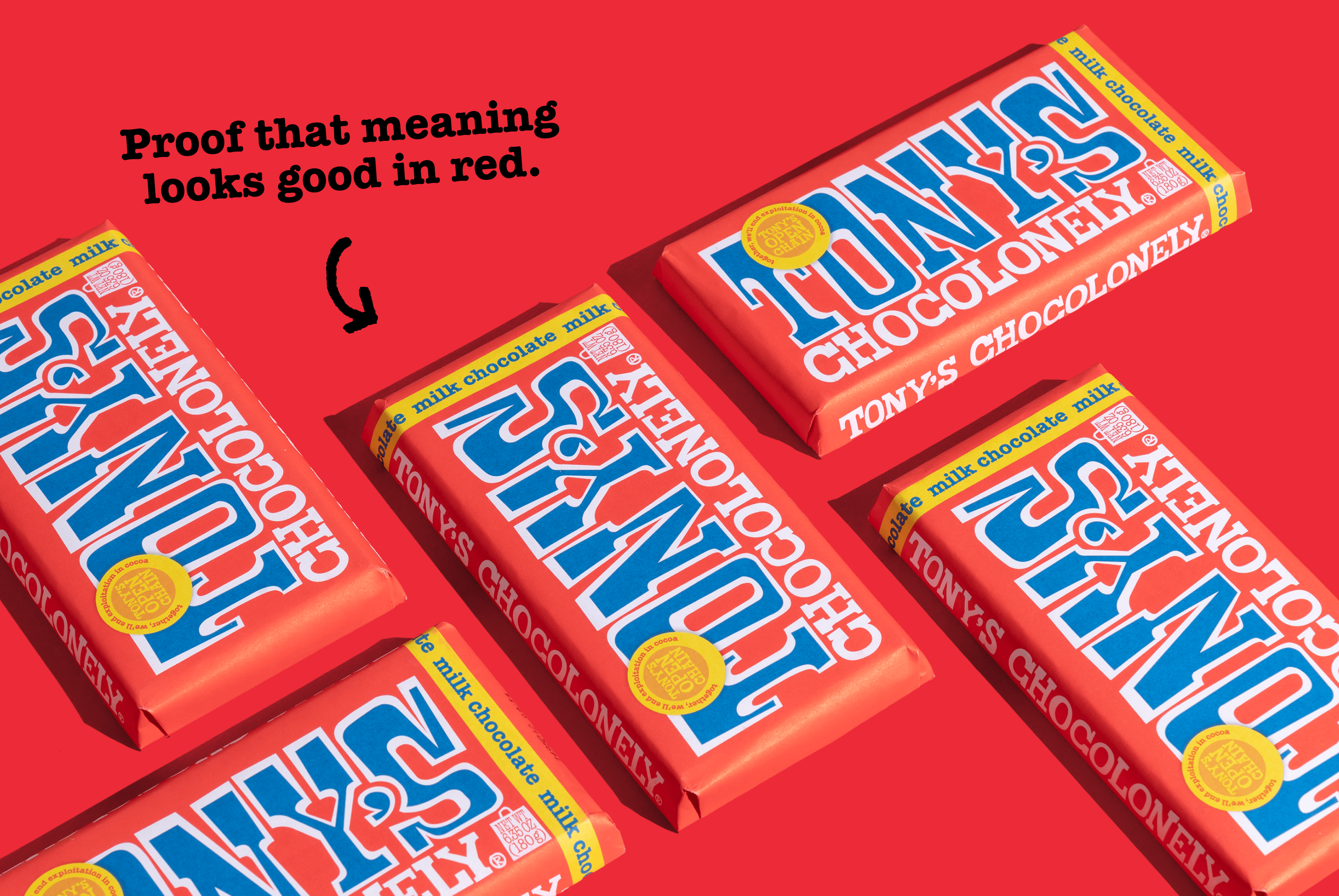 Multiple Tony's Chocolonely chocolate bars on a red background with text.