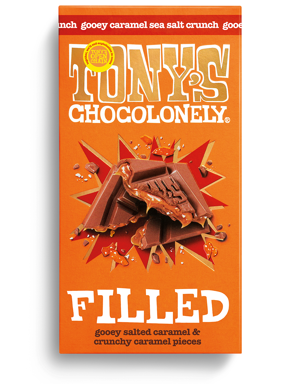 filled milk chocolate gooey caramel sea salt crunch