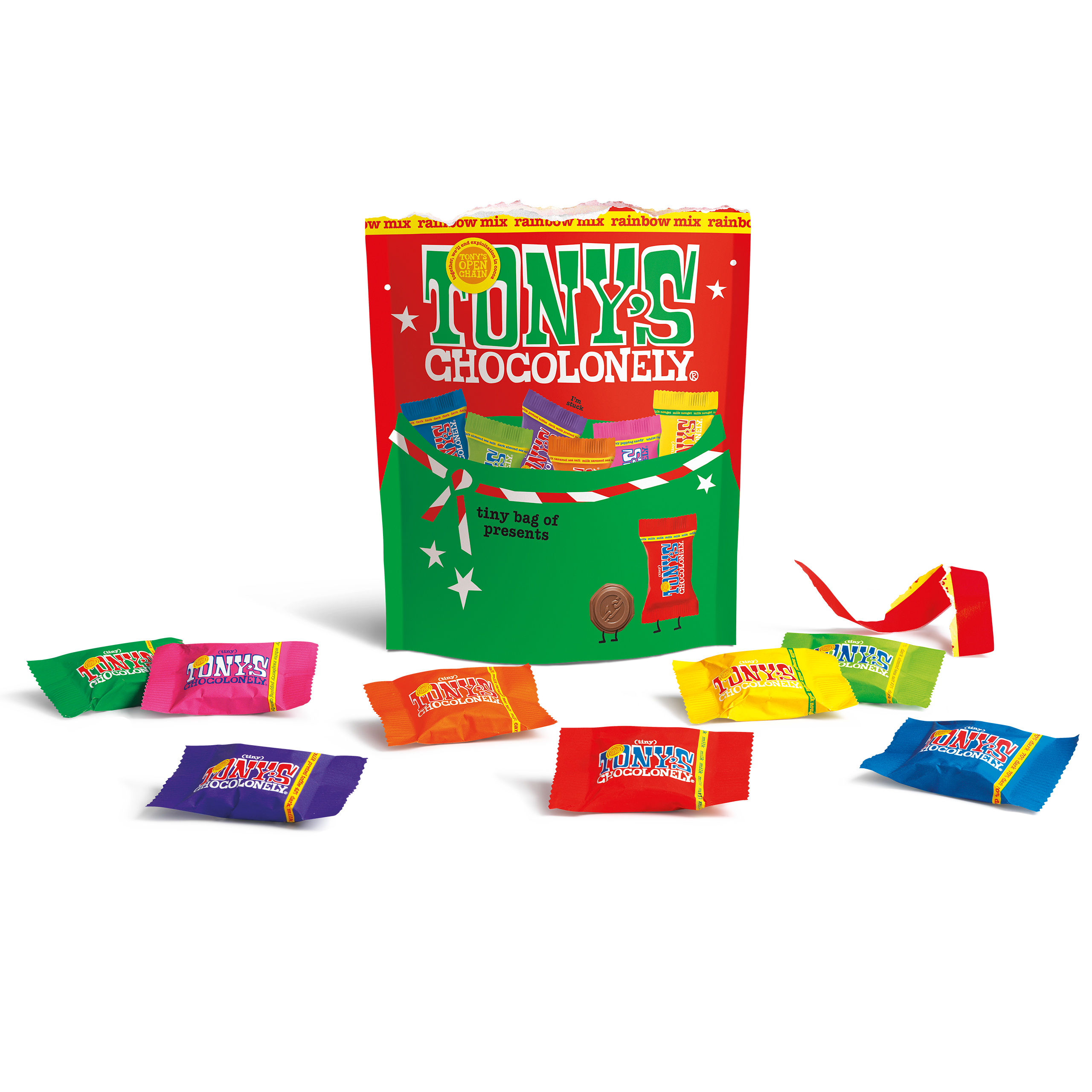 Tony's Chocolonely Tiny chocolate buttons in mixed flavours with a colorful packaging pouch on a white background