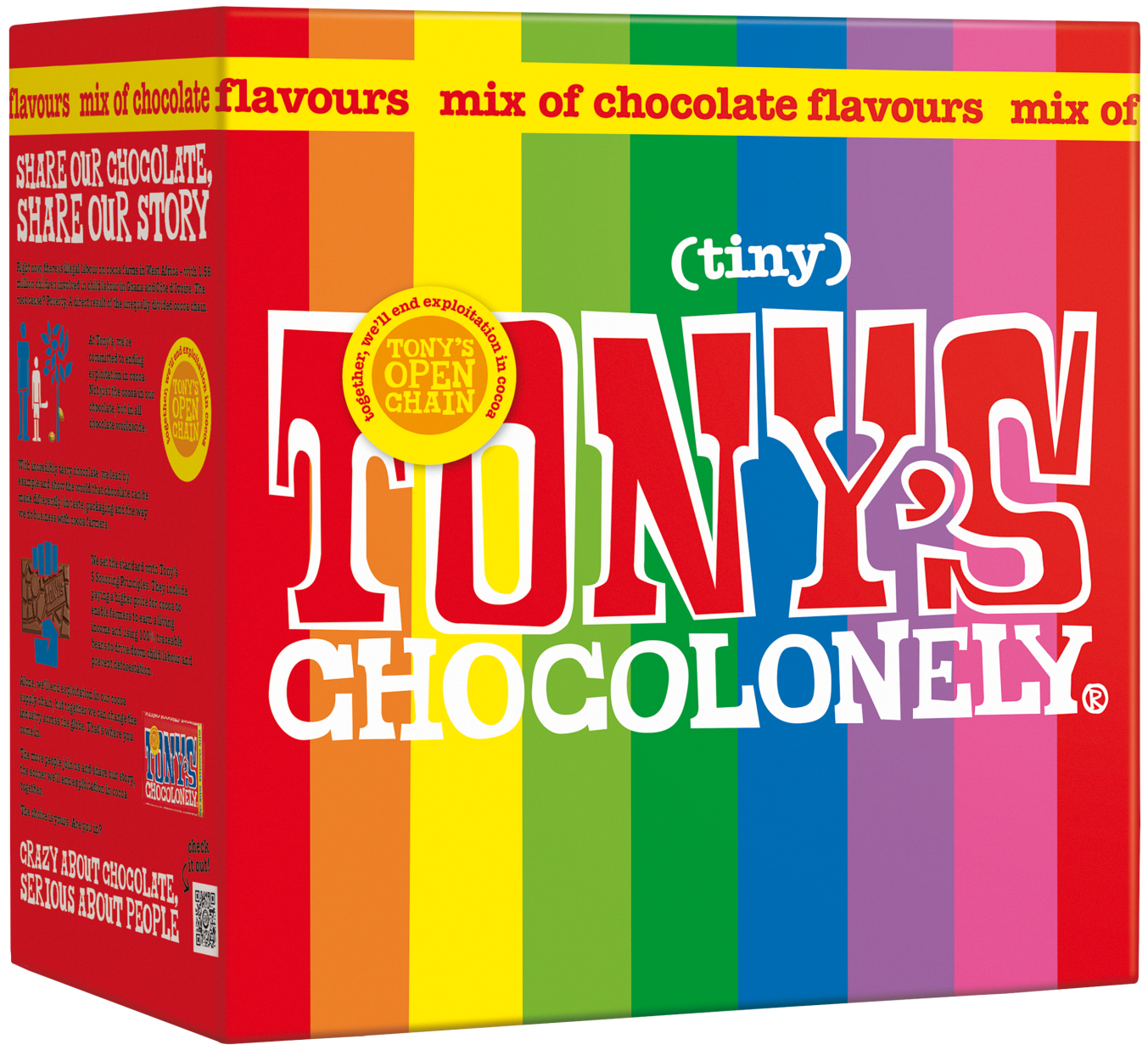 Colorful box of Tony's Chocolonely chocolate bars with rainbow design