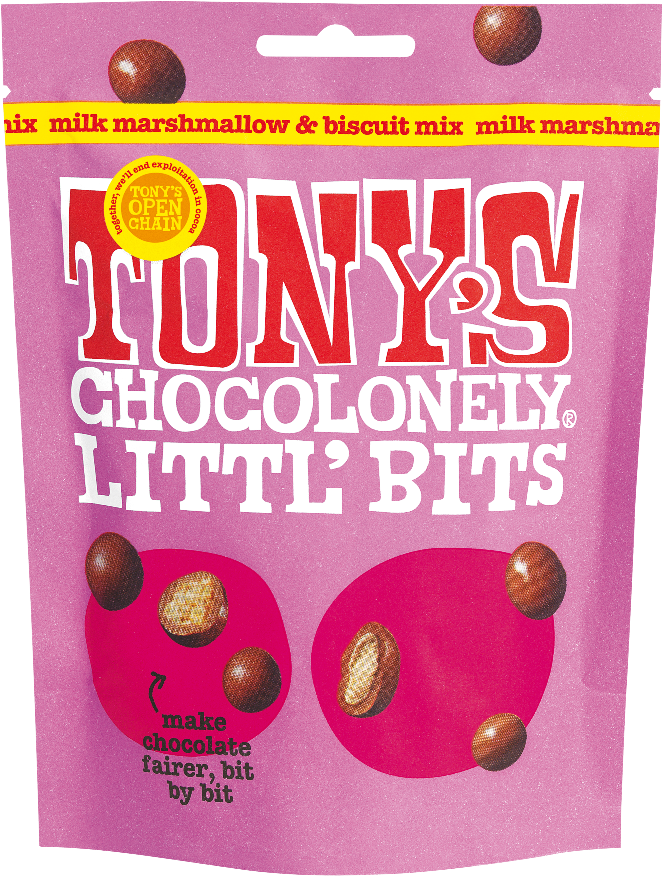 Littl' Bits milk marshmallow & biscuit mix  front pouch - Tony's Chocolonely United Kingdom