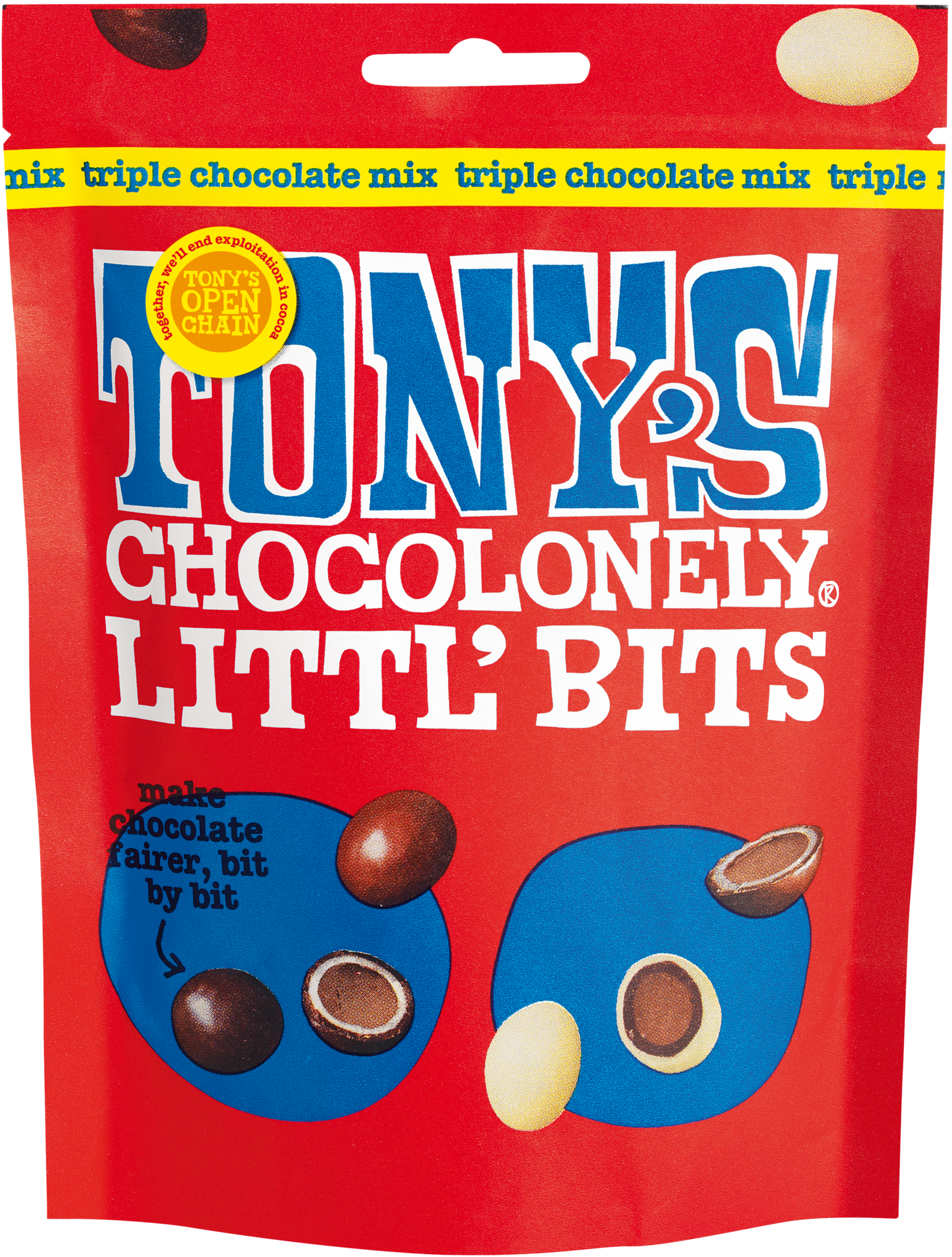 Tony's Chocolonely Littl' Bits triple chocolate mix front pouch