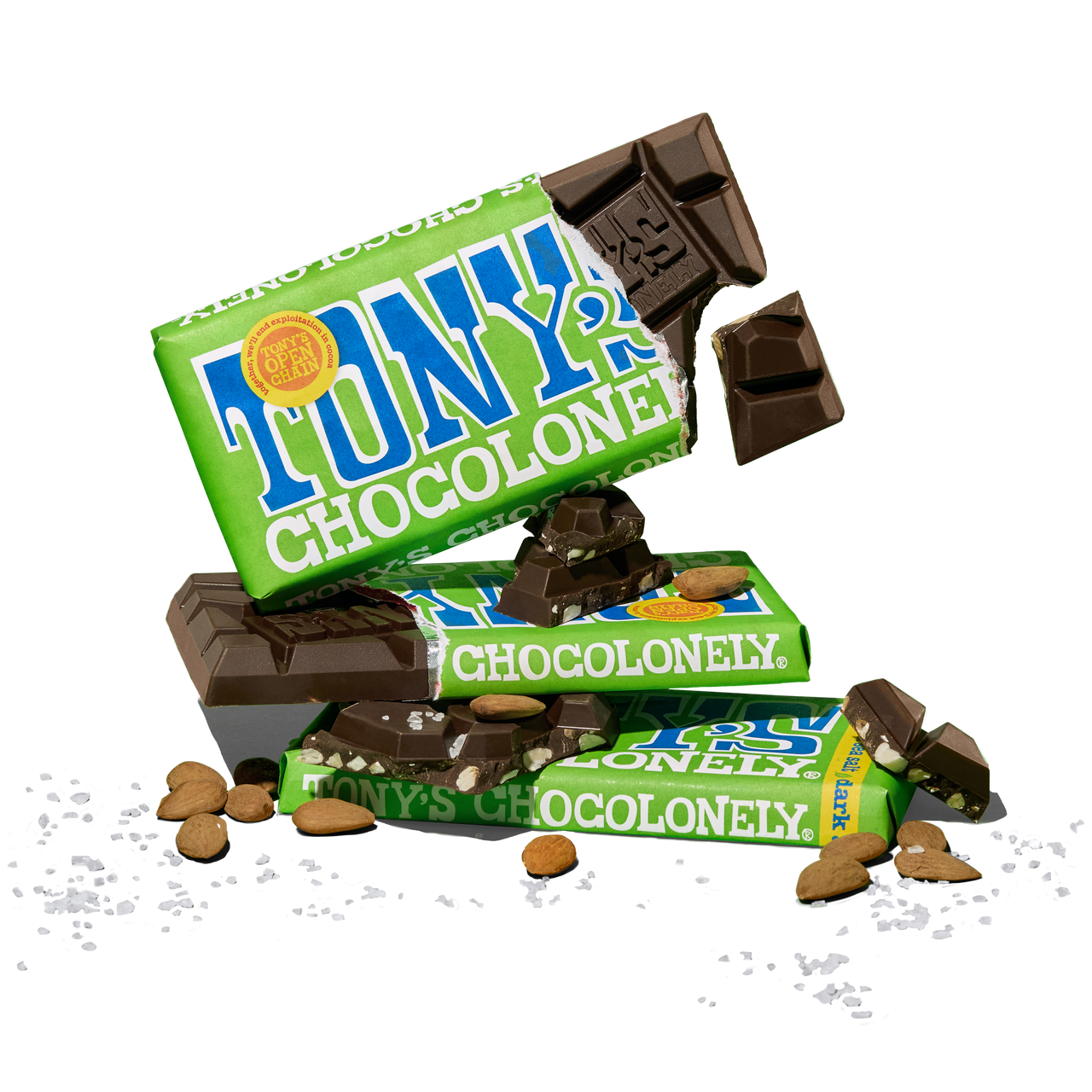 Tony's Chocolonely chocolate bars with green packaging, almonds and sea salt