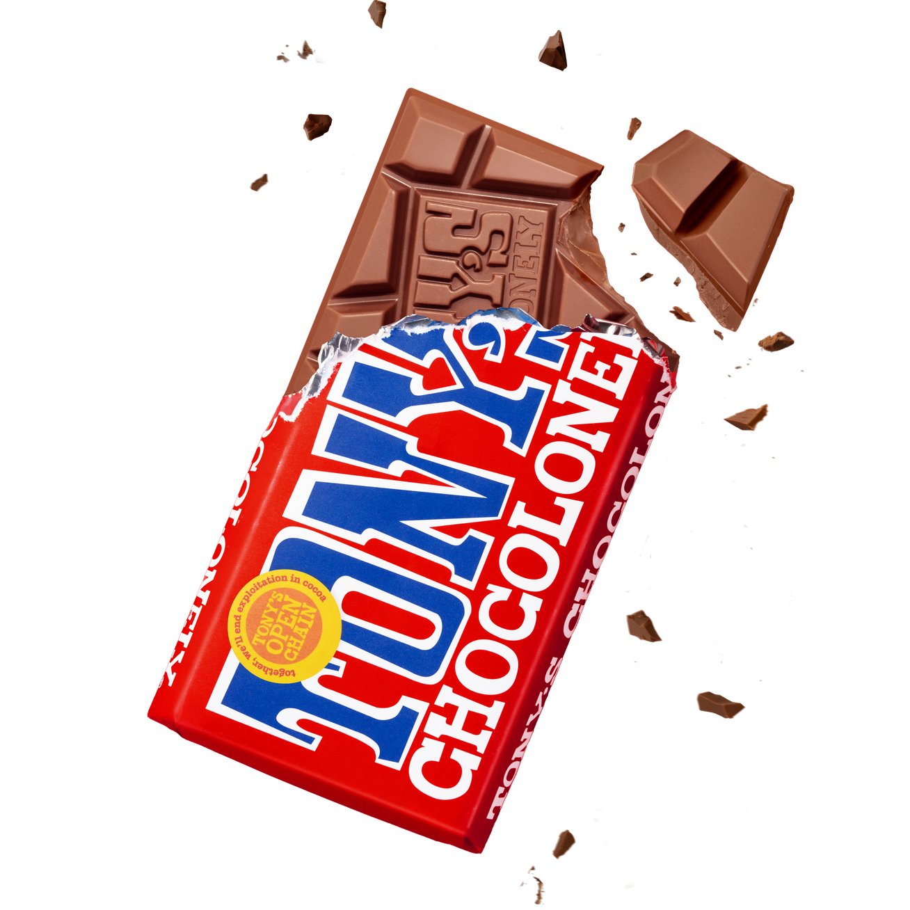 Tony Chocolonely milk chocolate bar with a piece broken off, on a white background